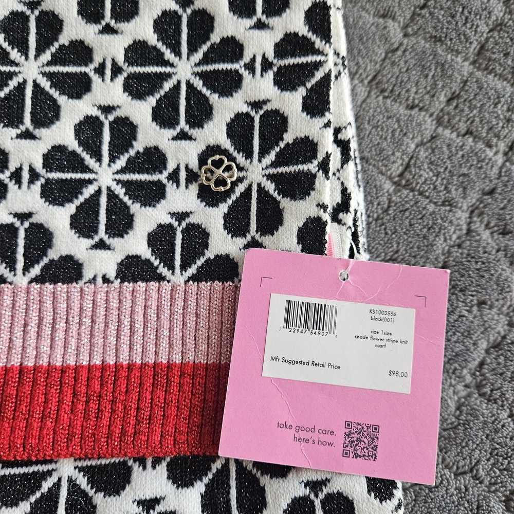 Kate Spade Black and White Floral Scarf with Red Stripe